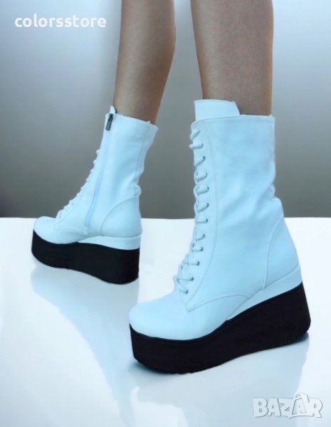 Боти на платформа - бяла кожа с черно ходило - VP1, снимка 1