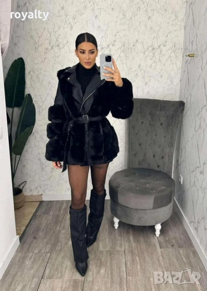 Дамско черно пухкаво кожено яке, снимка 1