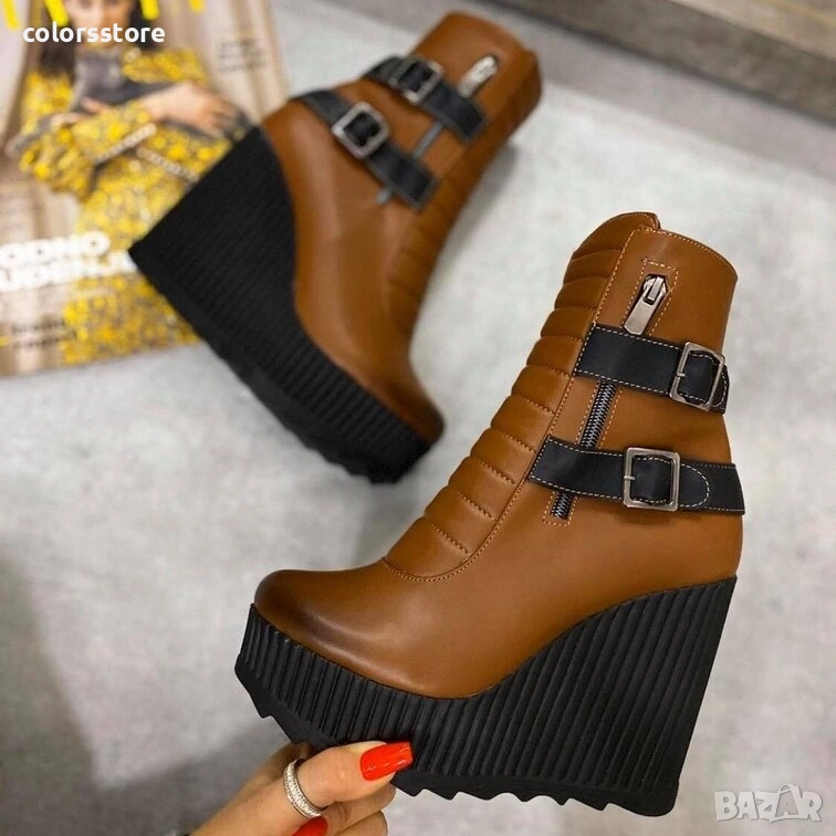 Боти на платформа - кафява кожа - B2001 , снимка 1