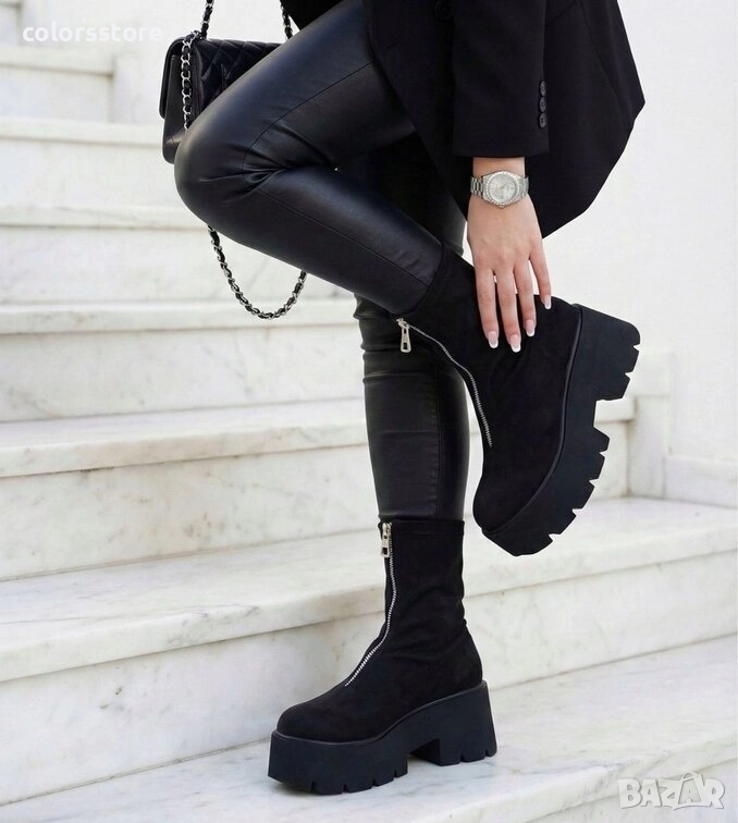 Боти на платформа - черен велур - LT10 , снимка 1