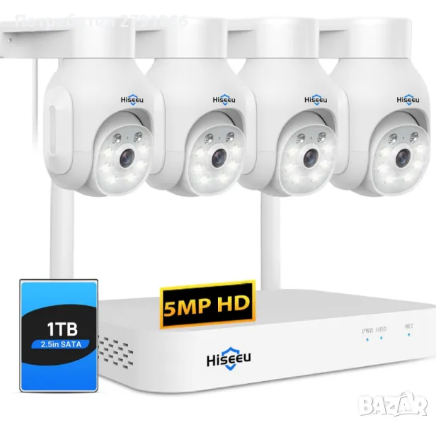 Hiseeu 5MP безжична PTZ система IP66  4 бр. WiFi камери,1TB твърд диск, 4K 10CH NVR, 2-посочно аудио, снимка 1