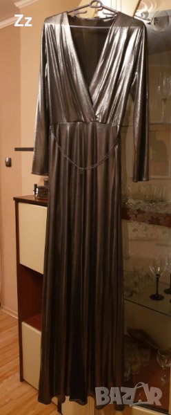 Официална дълга рокля Mango цвят старо сребро  , снимка 1