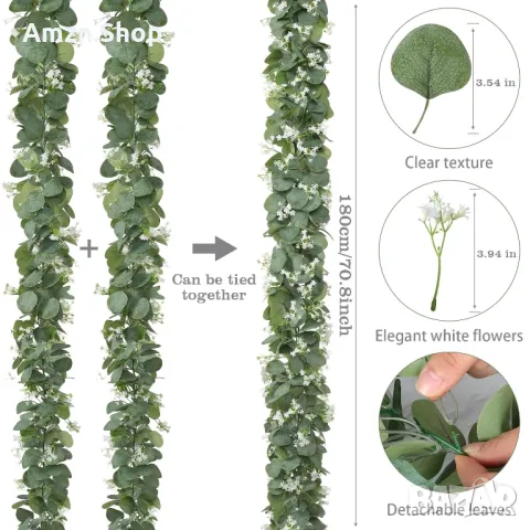 Декорация от евкалиптов гирлянд с бели цветя украса за сватба парти изкуствен евкалипт, снимка 7 - Други - 48005362