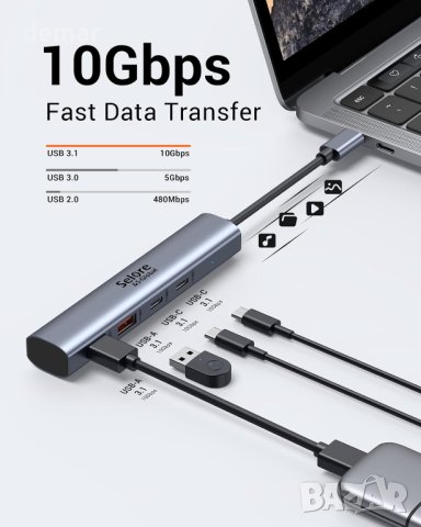 Selore&S-Global USB C Hub 4 порта USB 3.1 A + C, 10G, снимка 4 - Кабели и адаптери - 43490412