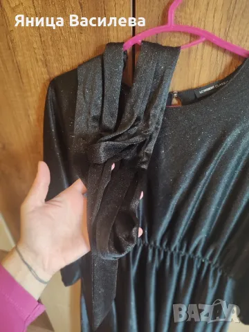 Черна брокатена дълга официална рокля с коланче, снимка 4 - Рокли - 49940049