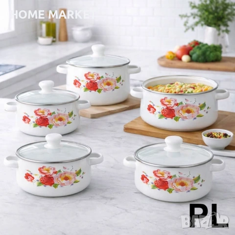 Промо пакет: 5 бели емайлирани тенджери със стъклени капаци + 5 стъклени купи с капак  , снимка 2 - Съдове за готвене - 53259412