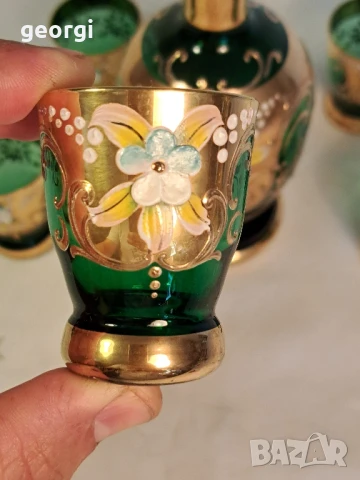 декантер с пет чаши Bohemia цветно стъкло с позлата , снимка 6 - Антикварни и старинни предмети - 50885962