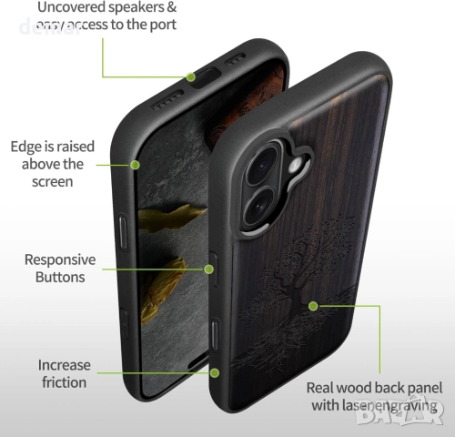 Дървен магнитен калъф Carveit за iPhone 17, гравирано дърво и черен мек TPU, снимка 6 - Калъфи, кейсове - 52119302