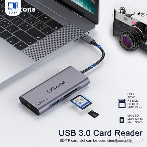 QGeeM USB C Hub 7 в 1 USB C, 4K HDMI ,PD 100 W , 3 Х​ USB 3.0 порта, SD/TF четец на карти, снимка 5 - Други - 35110709