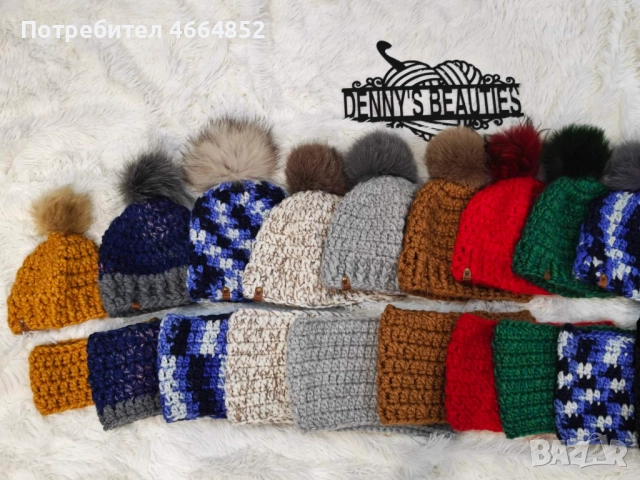 Ръчно плетен комплект – шапка с естествен помпон от лисица + шал-яка на една кука, снимка 8 - Шапки - 52592124