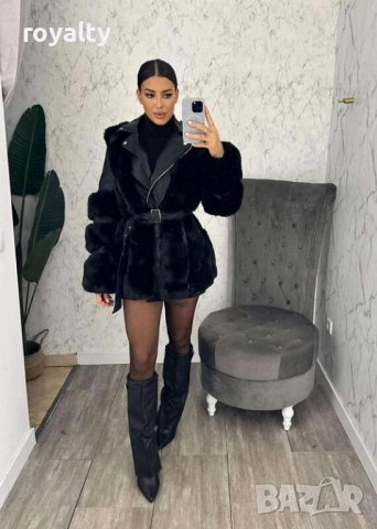 Дамско черно пухкаво кожено яке