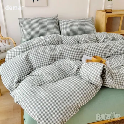 Комплект спално бельо Ruccit Green Gingham, 3 части, затваряне с цип, ъглови връзки, снимка 4 - Спално бельо - 48432730