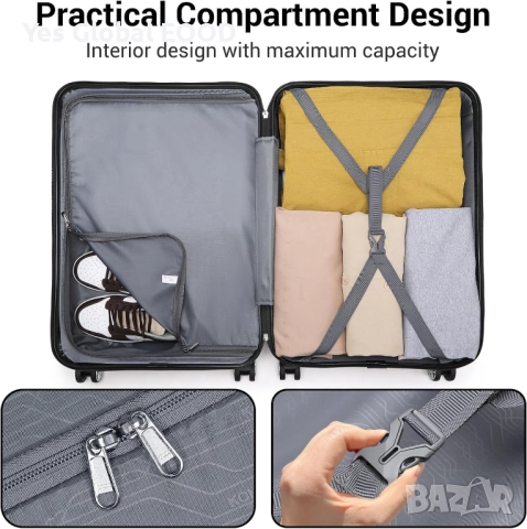 KONO твърд куфар на колелца 36 л с TSA ключалка черен, снимка 6 - Куфари - 52332907