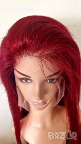 Естествена дантелена перука 80 см - 200% плътност, 13x6 Lace, бургунди тъмно червена права коса, снимка 4 - Аксесоари за коса - 53136225