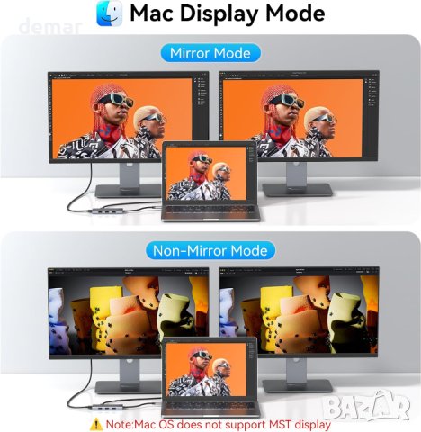 USB C към 2 HDMI адаптер за два монитора, 6 IN 1 докинг станция, снимка 5 - Кабели и адаптери - 43186808