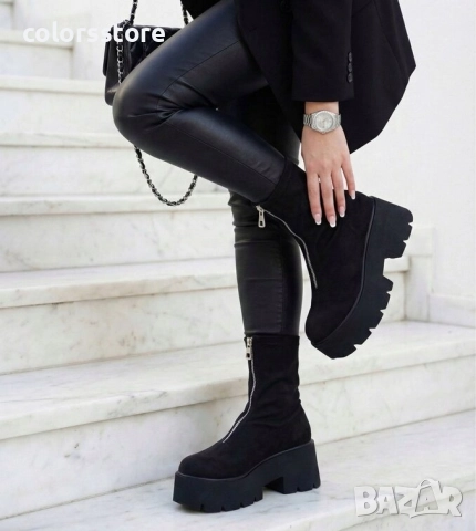 Боти на платформа - черен велур - LT10 