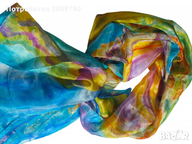 Копринен шал с градски мотиви на Мелницата в Несебър / Silk Scarf with urban motifs of the Mill in N, снимка 5 - Шалове - 34755535