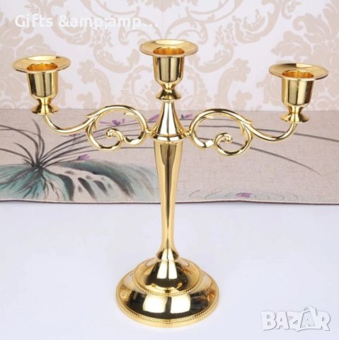 Метален свещик за три или пет свещи в златно, снимка 2 - Декорация за дома - 42956507