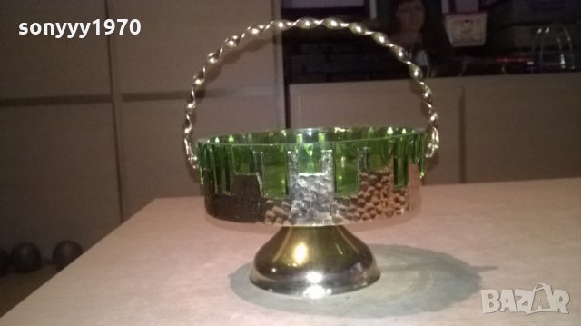 АНТИКА-бонбониера-зелено стъкло/мед месинг-18х18см, снимка 5 - Антикварни и старинни предмети - 26705978