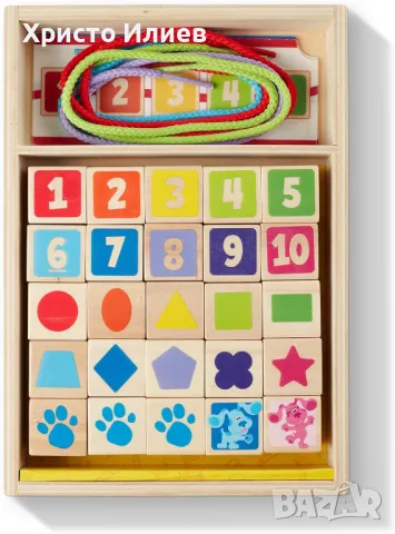 Дървени мъниста за нанизване Melissa & Doug Дървени кубчета Загадките на Блу