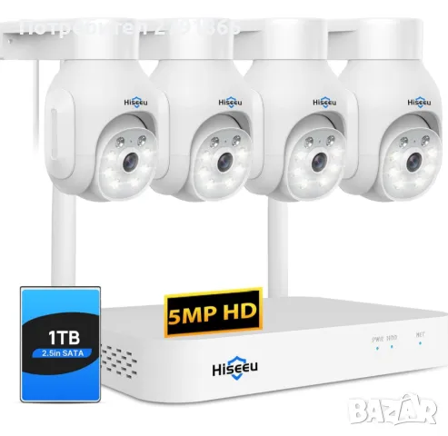 Hiseeu 5MP безжична PTZ система IP66  4 бр. WiFi камери,1TB твърд диск, 4K 10CH NVR, 2-посочно аудио