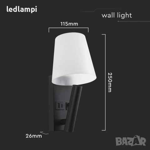 LED Аплик 2W  С USB/PD Порт Черен Топло Бяла Светлина, снимка 7 - Лампи за стена - 39671501
