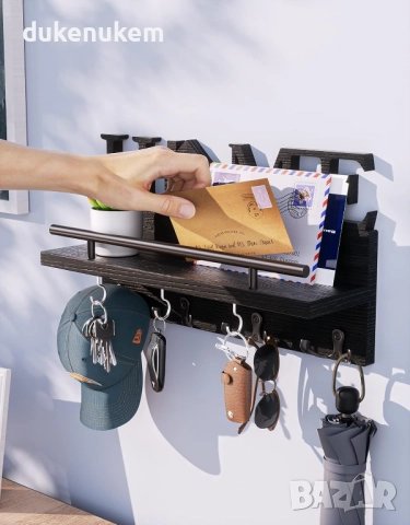 Дървена кутия за ключове за стена с 11 куки и рафт, бяла или черна, снимка 2 - Етажерки - 52277897