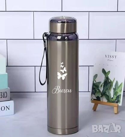 Термос от неръждаема стомана с вместимост 1 литър и дизайн с пеперуди  и надпис по избор, снимка 2 - Други - 51685752