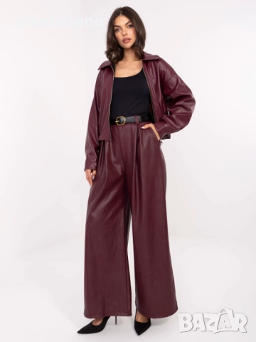 Дамски кожени панталони с плисета и колан, 5цвята , снимка 8 - Панталони - 52160814