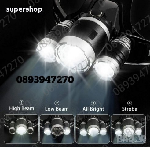 Мощен LED фенер - челник за глава с акумулаторни батерии и 3 LED диода, снимка 5 - Екипировка - 39300848