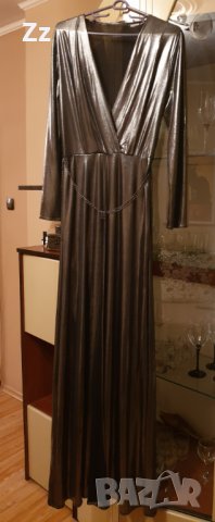 Официална дълга рокля Mango цвят старо сребро  