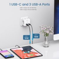 Разклонител за стенен контакт с 3 AC контакта, 3 USB порта А и 1 тип C 7-в-1, снимка 7 - Разклонители и удължители - 43612718