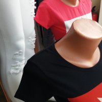 Червена тениска с бяло-черна щампа лист, снимка 2 - Тениски - 32415842