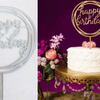 Happy Birthday в Кръг твърд Акрил Златен сребърен топер за торта Рожден Ден, снимка 1 - Други - 28115708