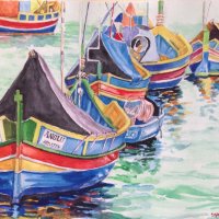 Многоцветни лодки на пристана, снимка 1 - Картини - 28805498