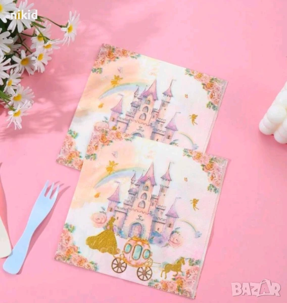 Замък Дворец палат принцеси двустранни 10 бр сини парти салфетки рожден ден, снимка 1
