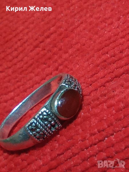 СТАРИНЕН СРЕБЪРЕН с ЧЕРВЕН КЕХЛИБАР АРТ ДЕКО ПРЪСТЕН СРЕБРО 925 с 3 МАРКИРОВКИ и МАРКАЗИТИ 27192, снимка 1