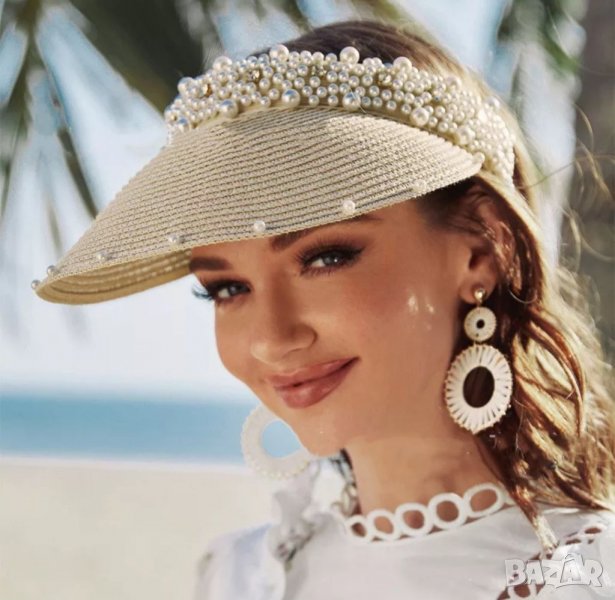 Плажна шапка с перли козирка, снимка 1