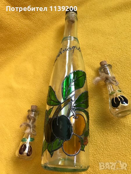 бутилка от френска ракия Schnaps и две юзчета ръчно рисувани сливи, снимка 1