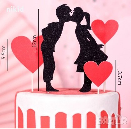 Двойка младежи целувка и сърца черно червен мек топер брокатен топер клечки украса за торта, снимка 1