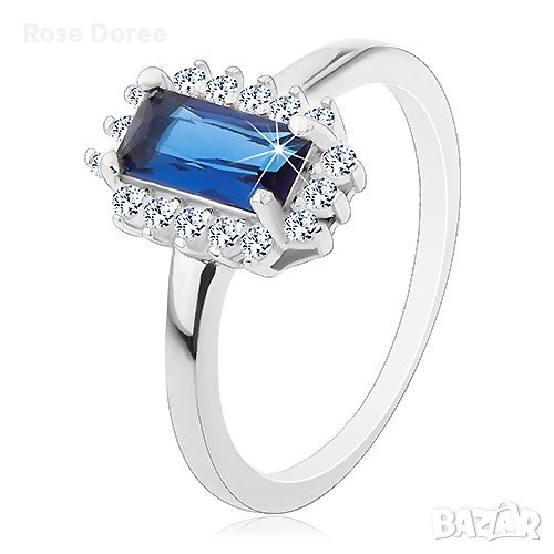 Сребърен пръстен проба 925 със син камък и бели кристали, снимка 1