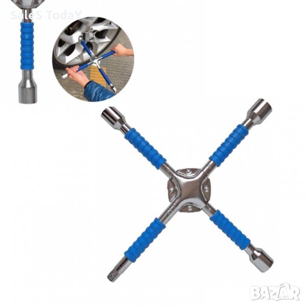 Ключ кръстачка за джанти, ключ за гуми, Стомана, Вложки, 17-21, 1/2 мм., 35см., син, снимка 1