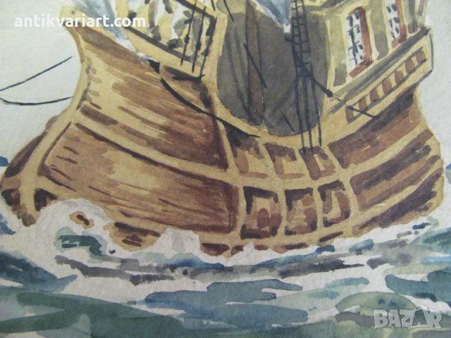 Стара Оригинална Картина акварел Кораб, снимка 3 - Картини - 26263725