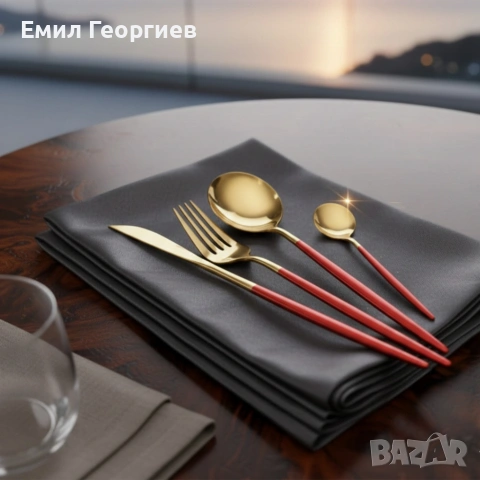 Комплект прибори за хранене от 24 части с луксозен дизайн и магнитна кутия златисто с червено KN2