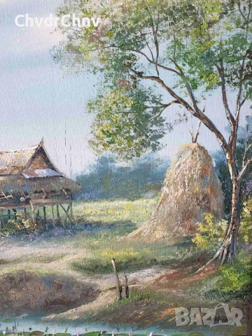 69х49см/голяма картина масло върху платно/джунгла/наколни къщи-дървета-река/дървена рамка, снимка 3 - Картини - 50896266