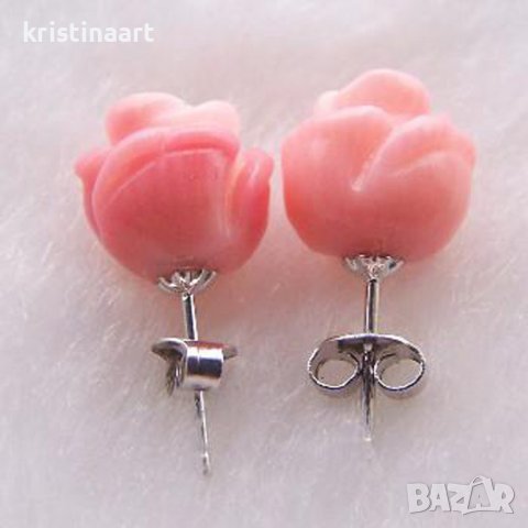 Сребърни обeци c розов корал тип розичка,8мм, снимка 2 - Обеци - 37813689