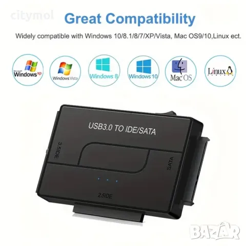 USB 3.0 към IDE и SATA адаптер, 2,5"/3,5" HDD/SSD,12V/2A захранващ адаптер, снимка 8 - Кабели и адаптери - 47628397