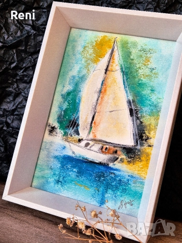 Длан море, малка картина пастел, снимка 2 - Картини - 52956912