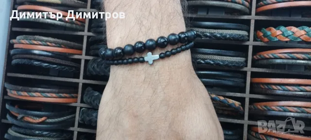 Сет мъжки гривни от оникс и хематит с кръст. Бижута Луди гъби.