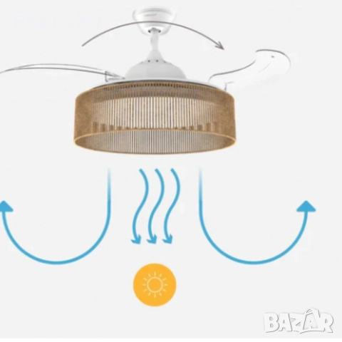Brizy Bright Rattan – Вентилатор за таван с лампа и функция лято/зима, снимка 3 - Вентилатори - 52185031